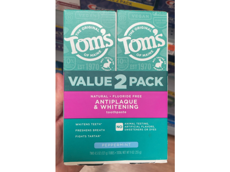 Tom's Of Maine Natural Antiplaque & Whitening Toothpaste, Peppermint, 9 oz/255 g, Pack Of 2