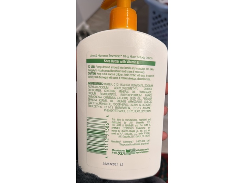 Arm & Hammer Essentials Hand & Body Lotion, Shea Butter & Vitamin E, 18 fl oz/532 mL