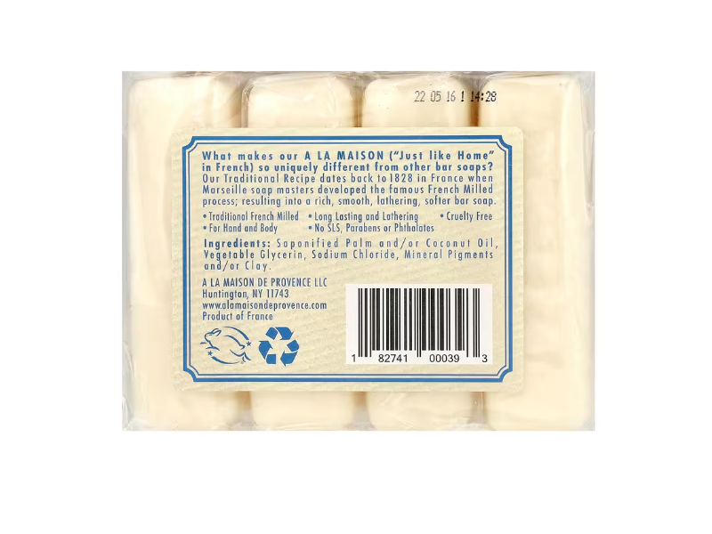 A La Maison De Provence Bar Soap, Unscented, 3.5 oz/100 g, 4 Count