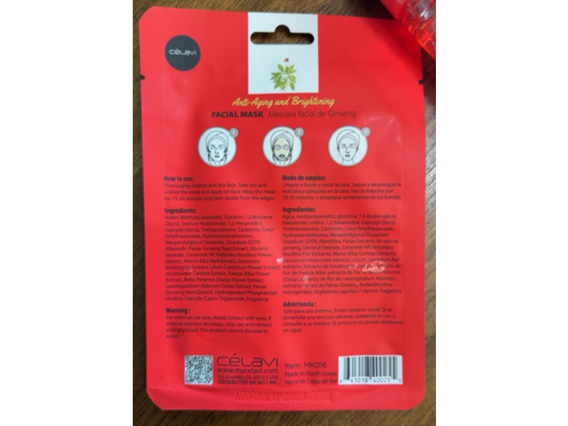 Celavi Facial Mask, Ginseng, 0.74 oz/20 g, 12 Count