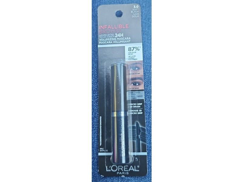 L'Oreal Paris Infallible Brows Volumizing Mascara, 3.0 Soft Black, 0.13 fl oz/4 mL