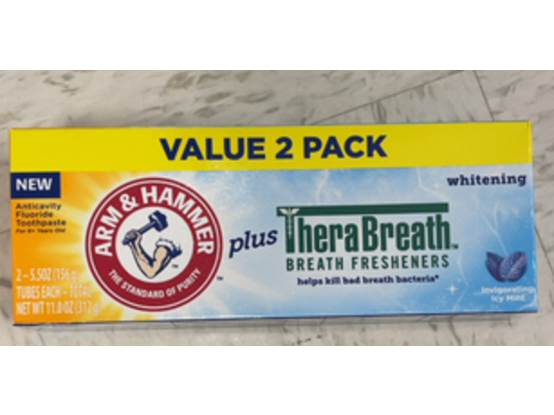 Arm & Hammer TheraBreath Breath Fresheners Whitening Toothpaste, Icy Mint, 5.5 oz/156 g, Pack Of 2