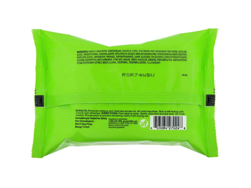 Garnier SkinActive Clean + Refreshing Remover Cleansing Towelettes, Peppermint,25 Ct