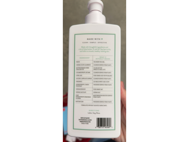 Native Moisturizing Body Wash, Lily Milk & White Sage, 18 fl oz/532 mL