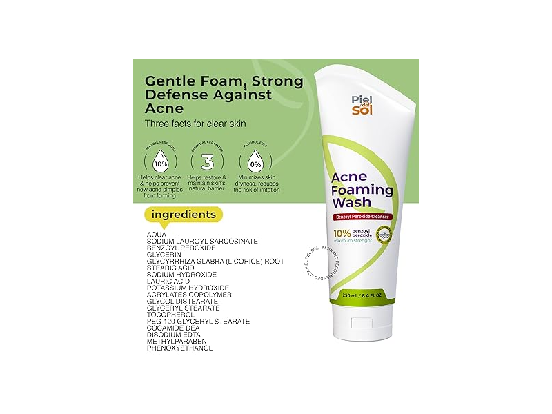 Piel Del Sol Cosmetics Acne Foaming Wash, 8.4 fl oz/250 mL