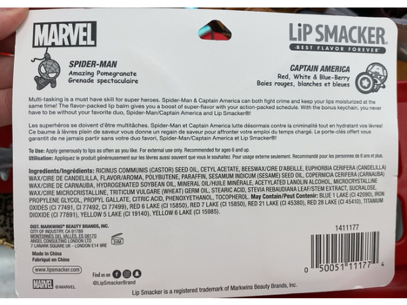 Lip Smacker Marvel Spiderman & Captain America Key Chain Lip Balm Duo, Amazing Pomegranate & Red + White + Blue Berry, 0.28 oz/8.0 g