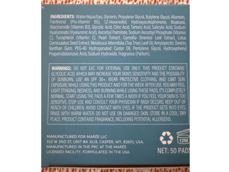 MAREE Renewal Complex Daily Exfoliating Pads, Glycolic Acid & Vitamins, 50 Count