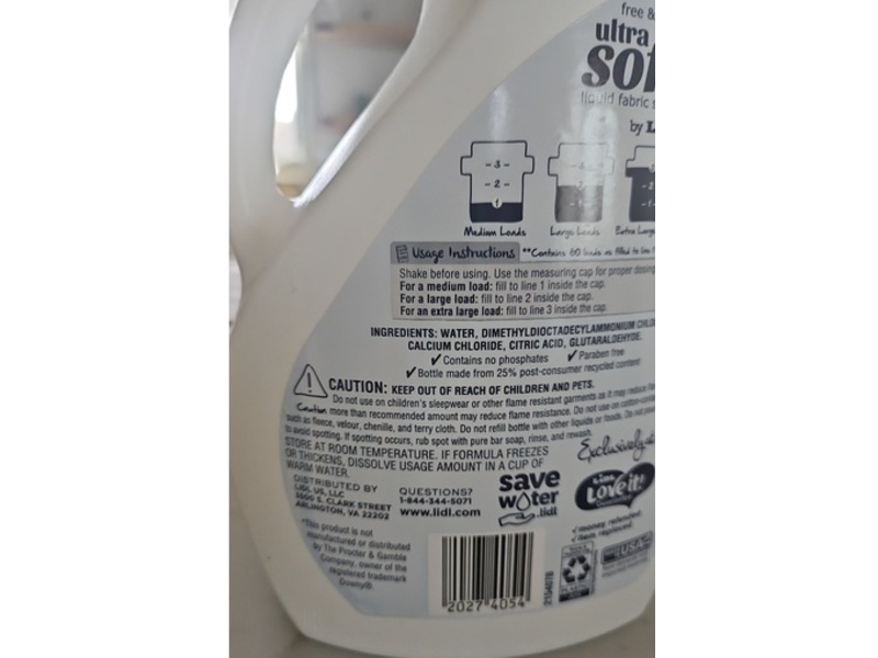 Lidl Ultra Soft Liquid Fabric Softener, Free & Clear, 60 Loads, 51 fl oz/1.5 L