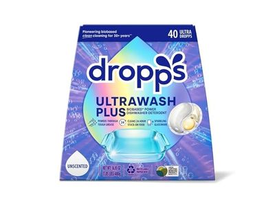 Dropps Ultrawash Plus Dishwasher Detergent, Unscented, 16.93 oz/480 g, 40 Count