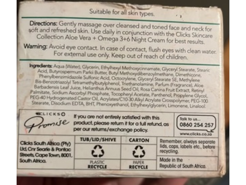 Clicks Skincare Collection Day Cream, Aloe Vera + Omega 3 + 6, SPF 15