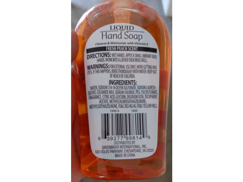 Greenbrier International Liquid Hand Soap, Fresh Peach Scent, 14 fl oz/413 mL