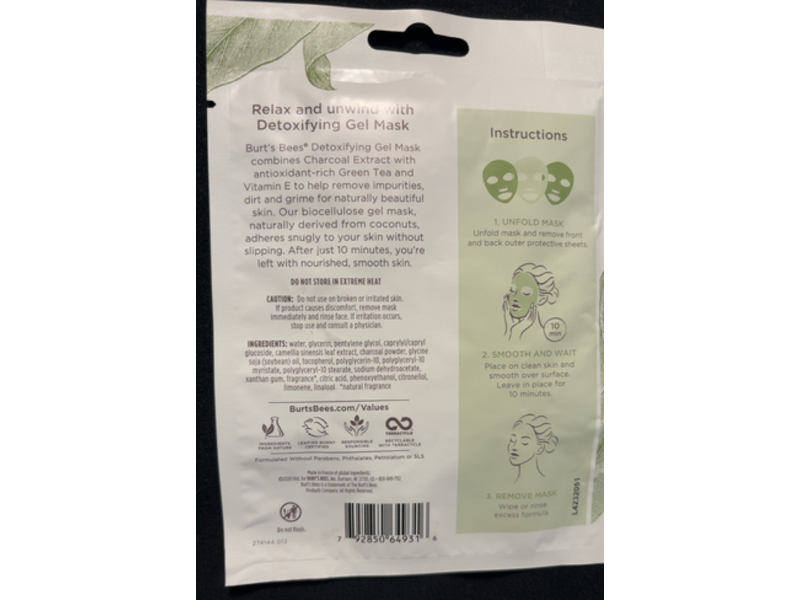 Burt's Bees Detoxifying Biocellulose Gel Mask, Charcoal & Green Tea