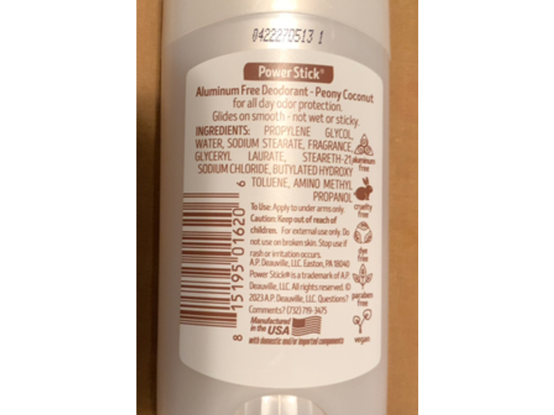 Power Stick Deodorant, Peony Coconut, 2.5 oz/70.8 g