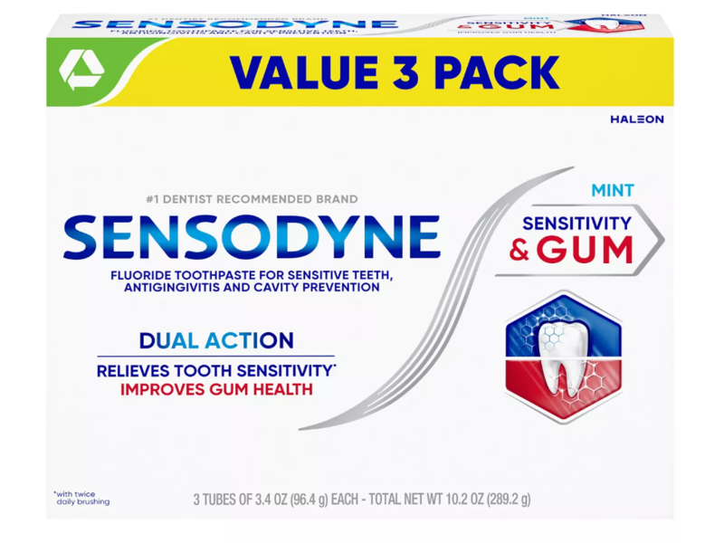 Sensodyne Dual Action Fluoride Toothpaste, Mint, 3.4 oz/96.4 g, Pack Of 3