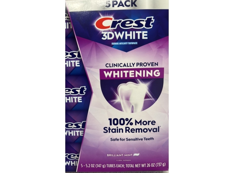 Crest 3D White Fluride Anticavity Toothpaste, Brilliant Mint, 5.2 oz/147 g, Pack Of 5