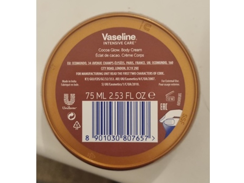 Vaseline Intensive Care Cocoa Glow Body Cream, Pure Cocoa Butter, 2.53 fl oz /75 mL