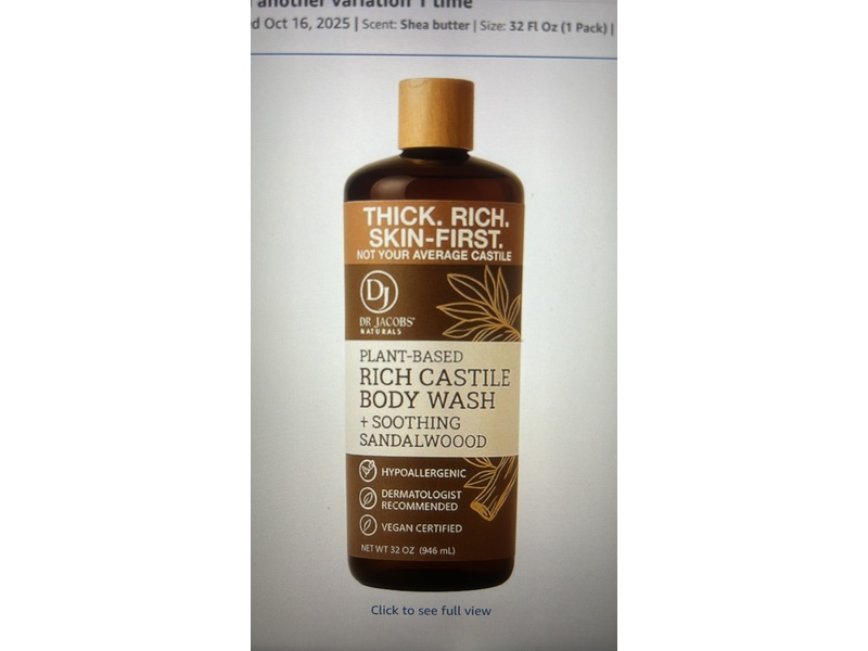 Dr. Jacobs Naturals Rich Castile Body Wash, Soothing Sandalwood, 32 oz/946 mL