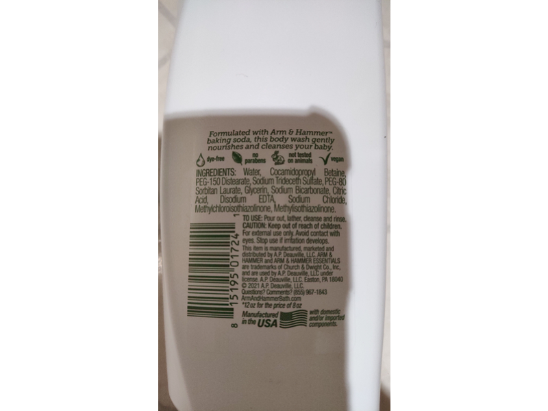 Arm & Hammer Essentials Baby Body Wash & Shampoo, Fragrance-Free, 12 fl oz/354 mL