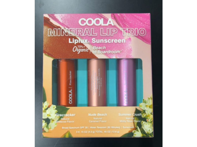 Coola Organic Mineral Liplux Sunscreen Trio, SPF 30, Firecracker + Nude Beach & Summer Crush, 0.15 oz/4.3 g, 3 Count