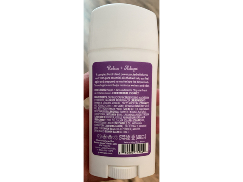 Green Goo Relax + Adapt Herbal Deodorant , Lavender, Bergamot, Ashwagandha & Holy Basil, 2.25 oz/64 g