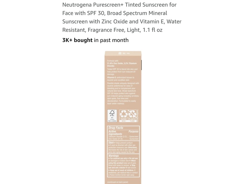Neutrogena Purescreen+ Mineral UV Face Liquid Tinted Sunscreen, SPF 30, Light, 1.1 fl oz/32 mL