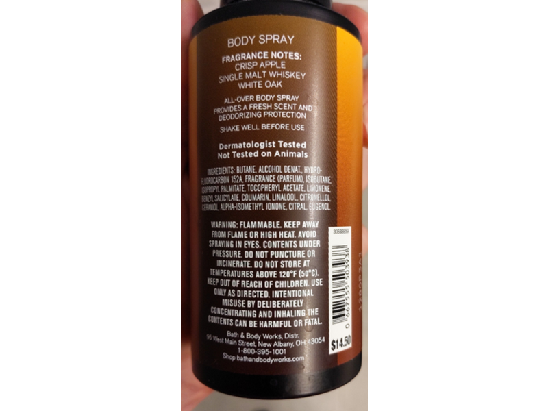 Bath & Body Works Whiskey Reserve Body Spray, 3.7 oz/104 g