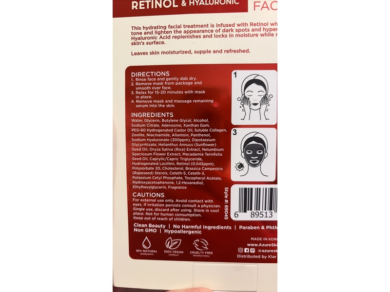 Azure Hydrating Face Mask, Retinol & Hyaluronic, 3.7 oz/105 g, Pack Of 5