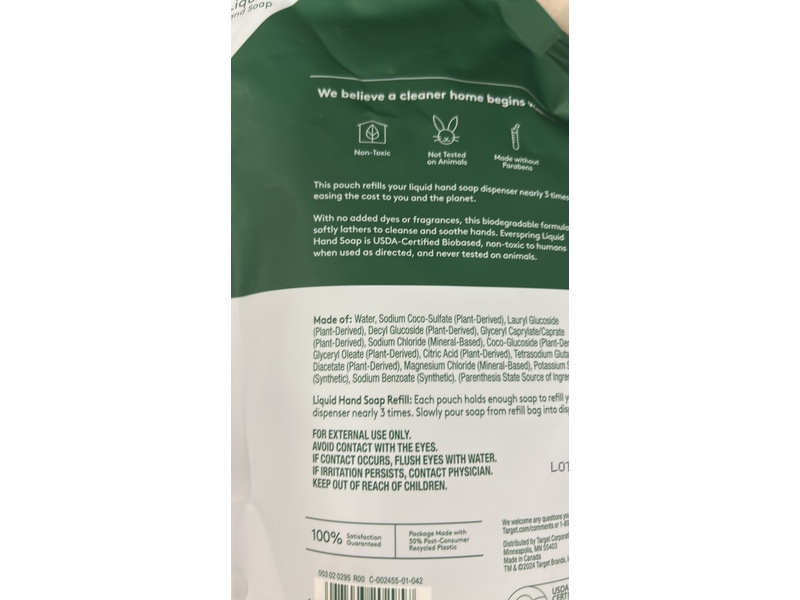 Ever Spring Liquid Hand Soap Refill, Fresh & Clear, 34 fl oz/1 L