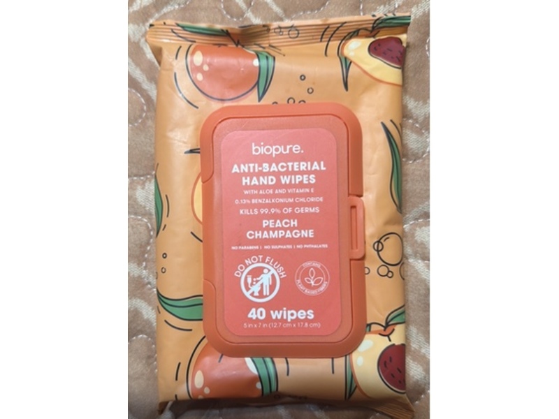 Biopure Anti-Bacterial Hand Wipes, Peach Champagne, 40 Count