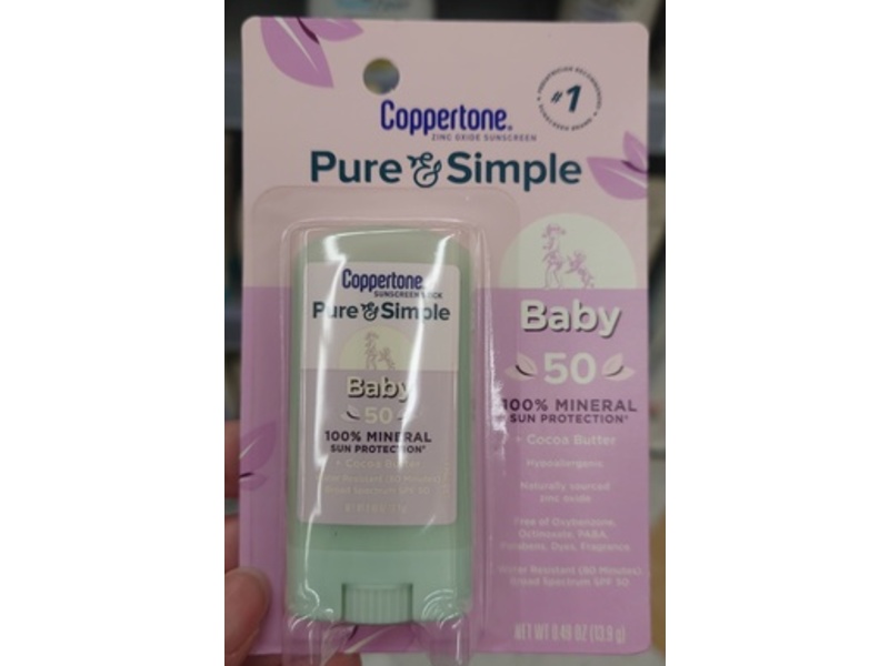 Coppertone Pure & Simple Baby Sunscreen Stick, SPF 50, Cocoa Butter, 0.49 oz/13.9 g