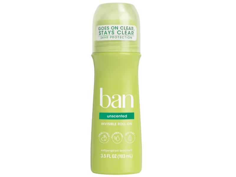 Ban Antiperspirant Deodorant Invisible Roll-n, Unscented, 3.5 fl oz/103 mL, Pack Of 2