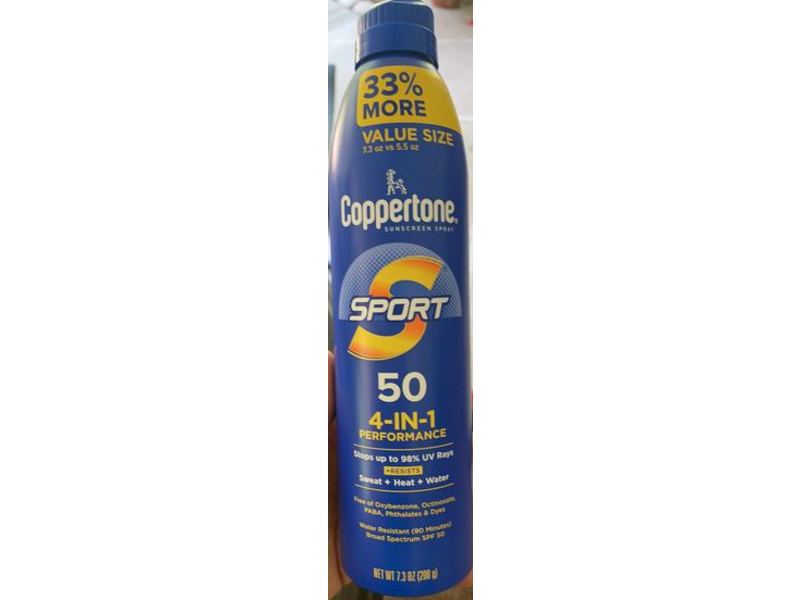 Coppertone 4-In-1 Performance Sunscreen Spray, SPF 50, Sport, 7.3 oz/208 g
