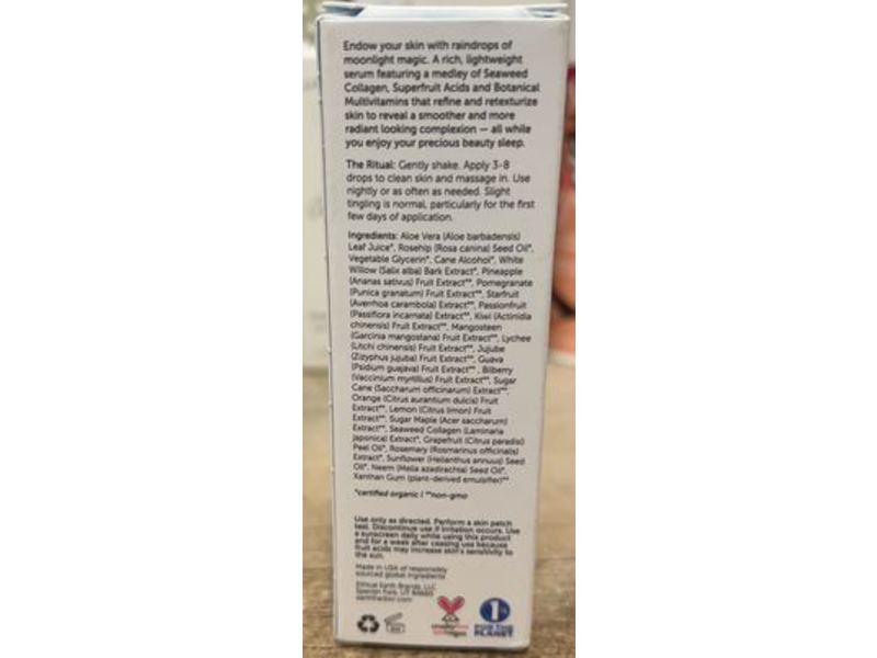 Earth Harbor Luna Rain Phyto-Resurfacing Night Serum, Superfruit Acids + Seaweed Collagen, 1 fl oz/30 mL