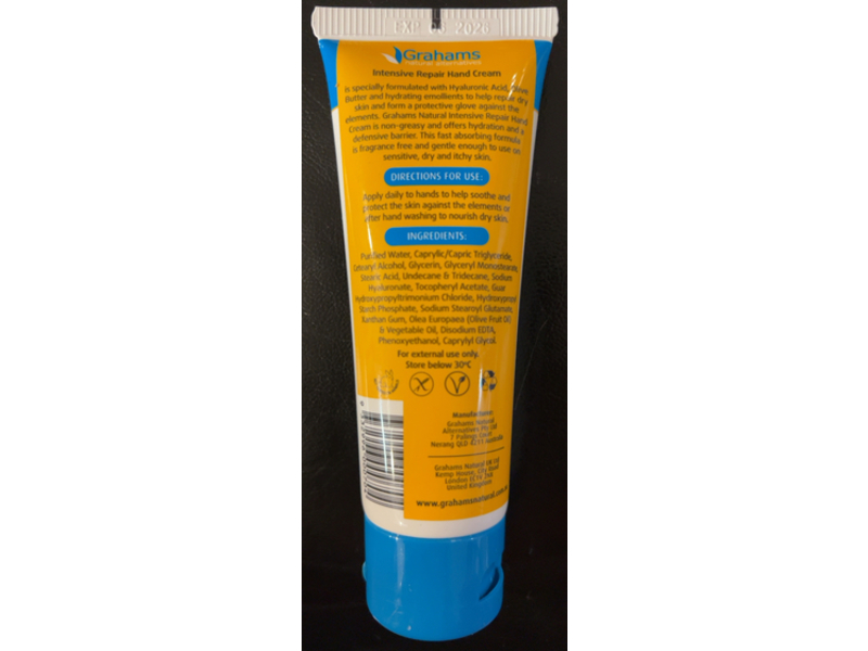 Grahams Natural Skin Intensive Repair Hand Cream, Hyaluronic Acid & Olive Butter, 50 g
