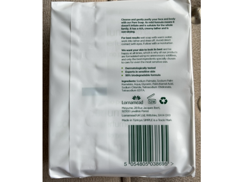 Simple Pure Sensitive Skin Soap, 4.4 oz/125 g