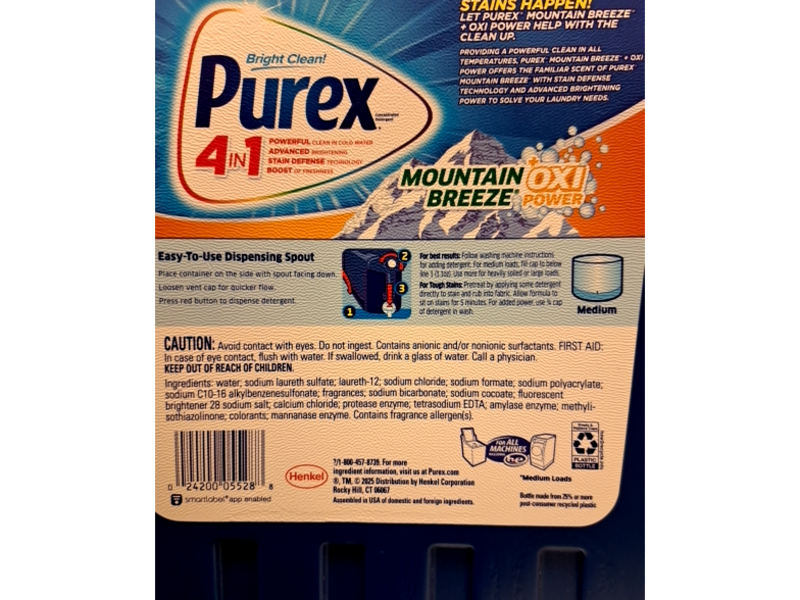 Purex 4 In 1 Detergent, Mountain Breeze, 270 Loads, 296 fl oz/8.75 L