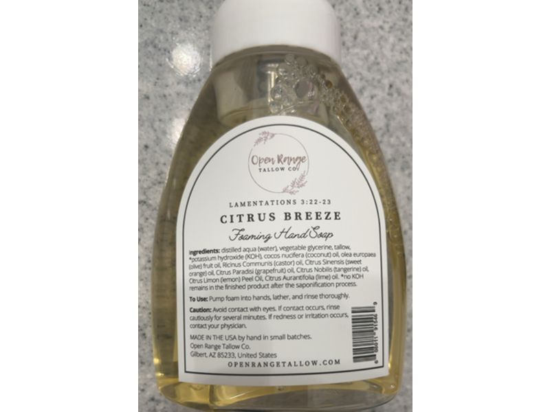 Open Range Tallow Co. Foaming Hand Soap, Citrus Breeze, 8 fl oz