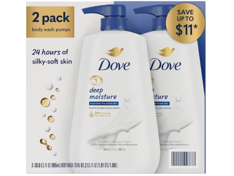 Dove Deep Moisture Body Wash, 30.6 oz/905 mL, Pack Of 2