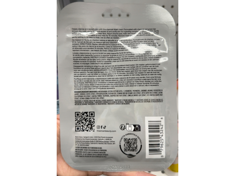 Freeman Natural Skincare Detoxifying Charcoal Sheet Mask, 0.94 fl oz/28 mL