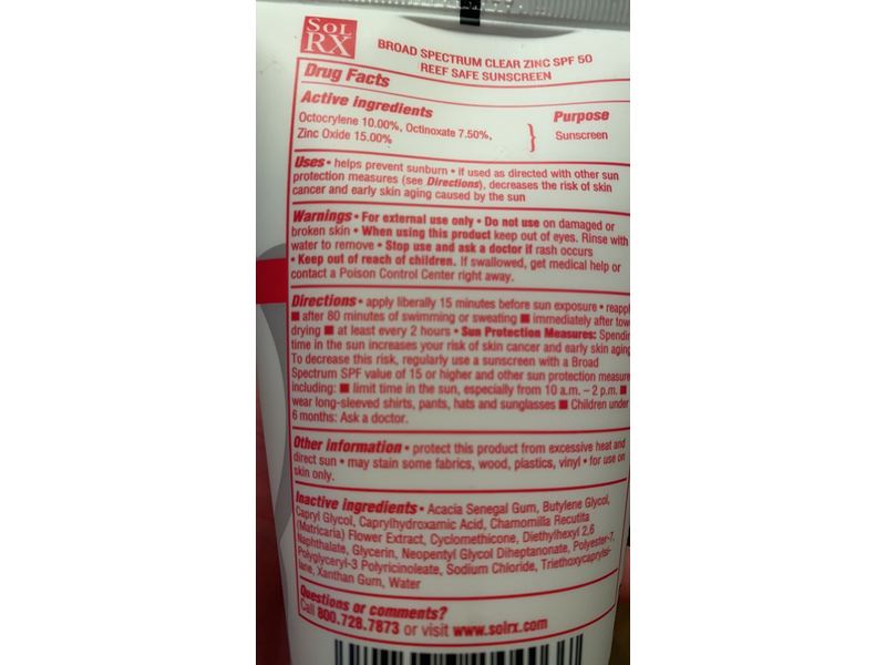 SolRX Clear Zinc Sunscreen, Reef-Friendly, Oxybenzone Free, SPF 50, 3.4 fl oz/100 mL