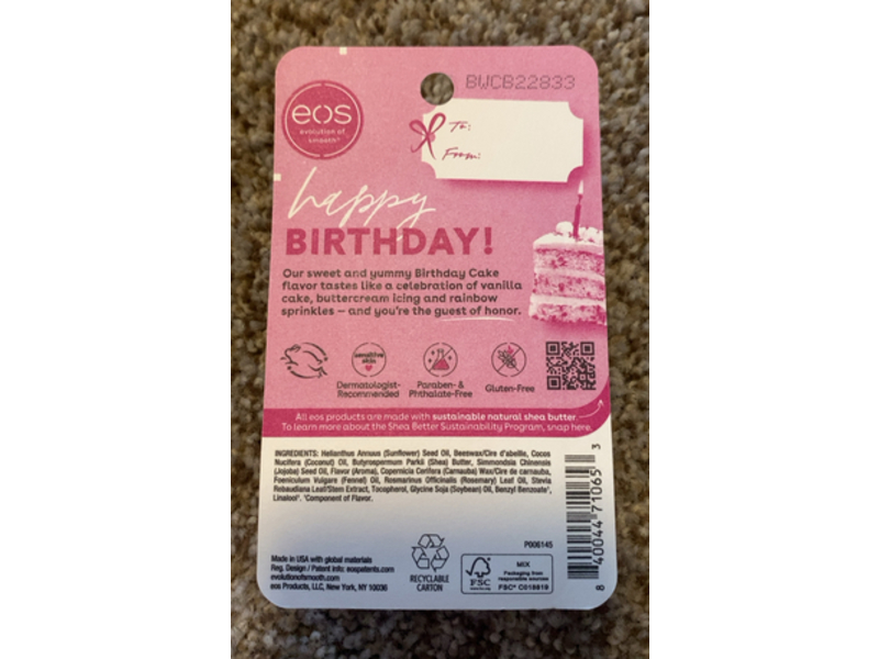 EOS Evolution Of Smooth Lip Balm, Birthday Cake, 0.14 oz/4 g, Pack Of 2