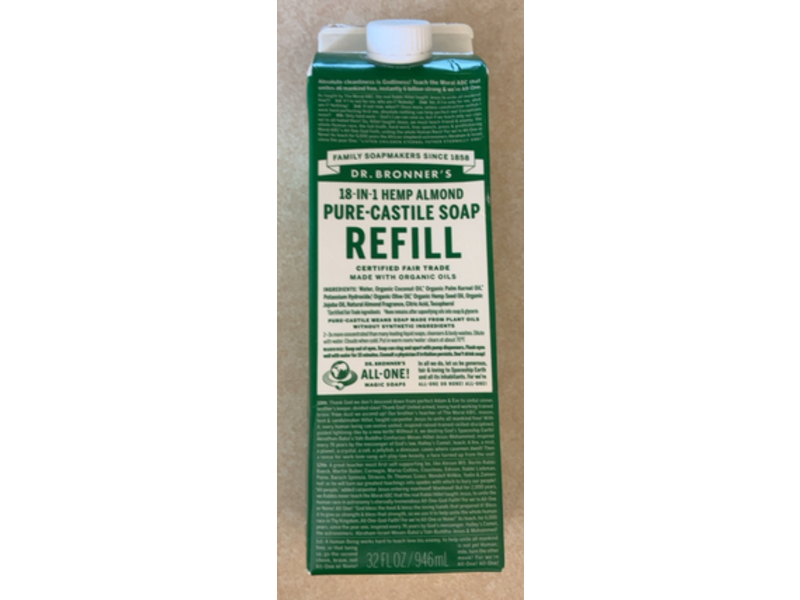 Dr. Bronner's 18 In 1 Pure Castile Liquid Soap Refill, Hemp Almond, 32 fl oz/946 mL