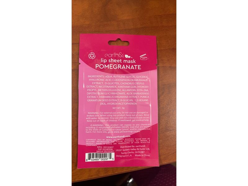Earth&I Lip Sheet Mask, Pomegranate, 8 g, 1 Count