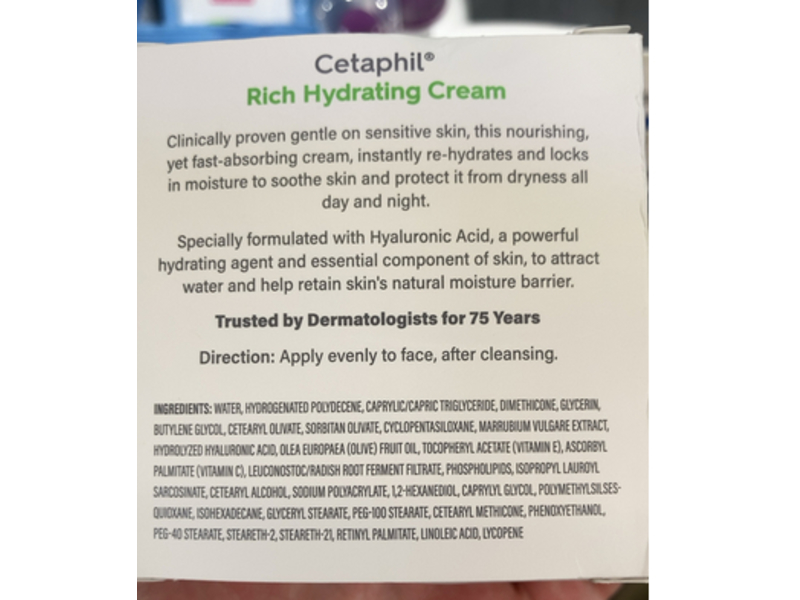 Cetaphil Rich Hydrating Cream, Hyaluronic Acid & Vitamins E & C, 1.7 oz/48 g