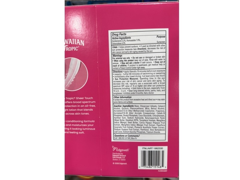 Hawaiian Tropic Sheer Touch Sunscreen Lotion, SPF 30, 10.8 fl oz/319 mL, Pack Of 2