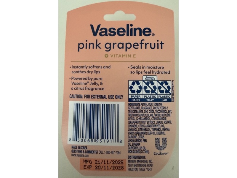 Vaseline Lip Balm, Pink Grapefruit, Vitamin E, 0.25 oz/7 g