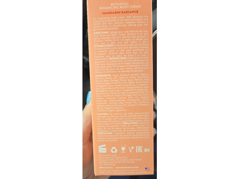 Be Care Love Mandarin Radiance Botanical Body Cream, 3 fl oz/88 mL