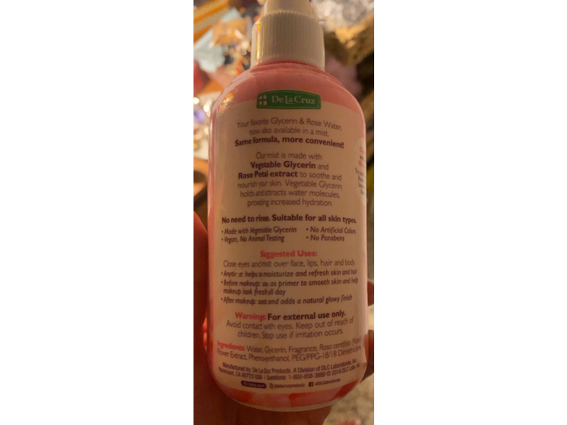 De La Cruz Soothes & Softens Moisture Mist, Glycerin & Rose Water, 8 fl oz/236 mL