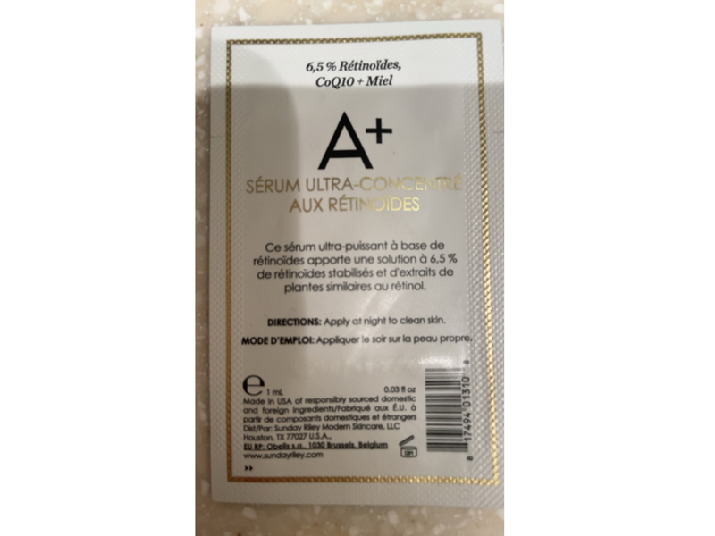 Sunday Riley A+ High Dose Retinoid Serum, 6.5% Retinoid Blend, CoQ10, + Honey, 0.03 fl oz/1 mL