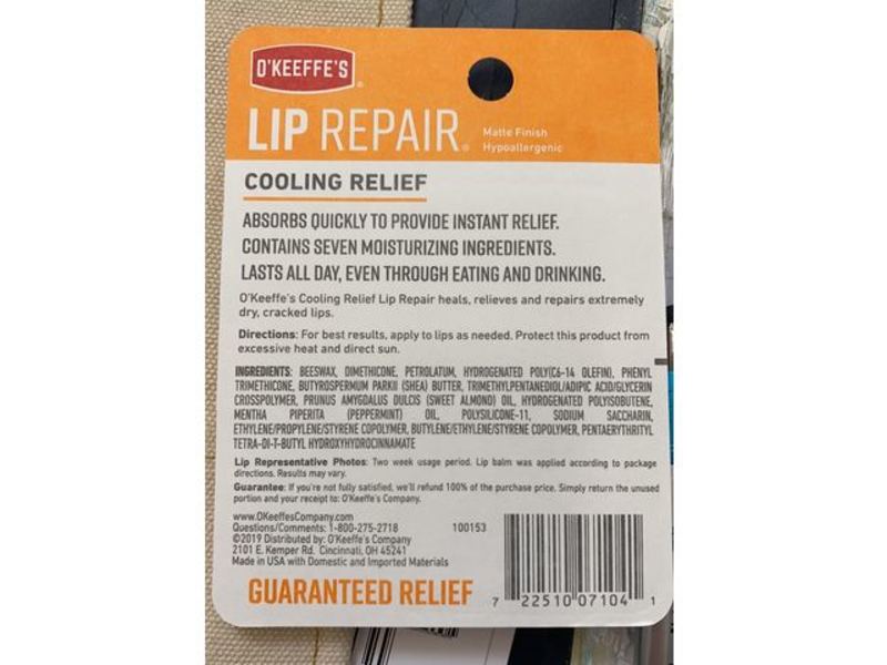 O'Keeffe's Lip Repair Lip Balm, Cooling Relief, 0.15 oz/4.2 g, 2 Stick